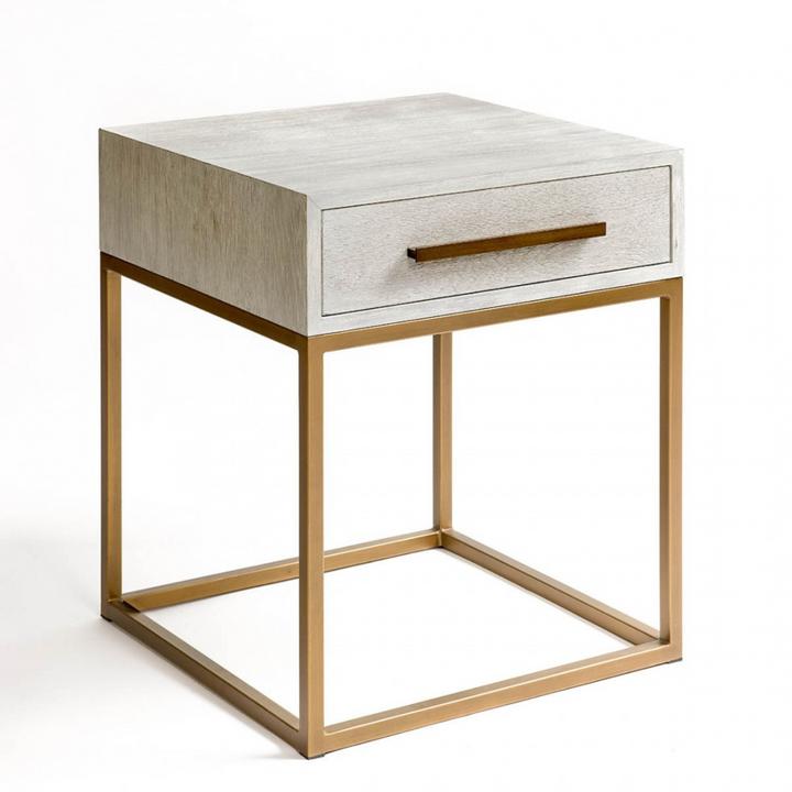 Martos Off White Oak Bedside Table with Gold Metal Base