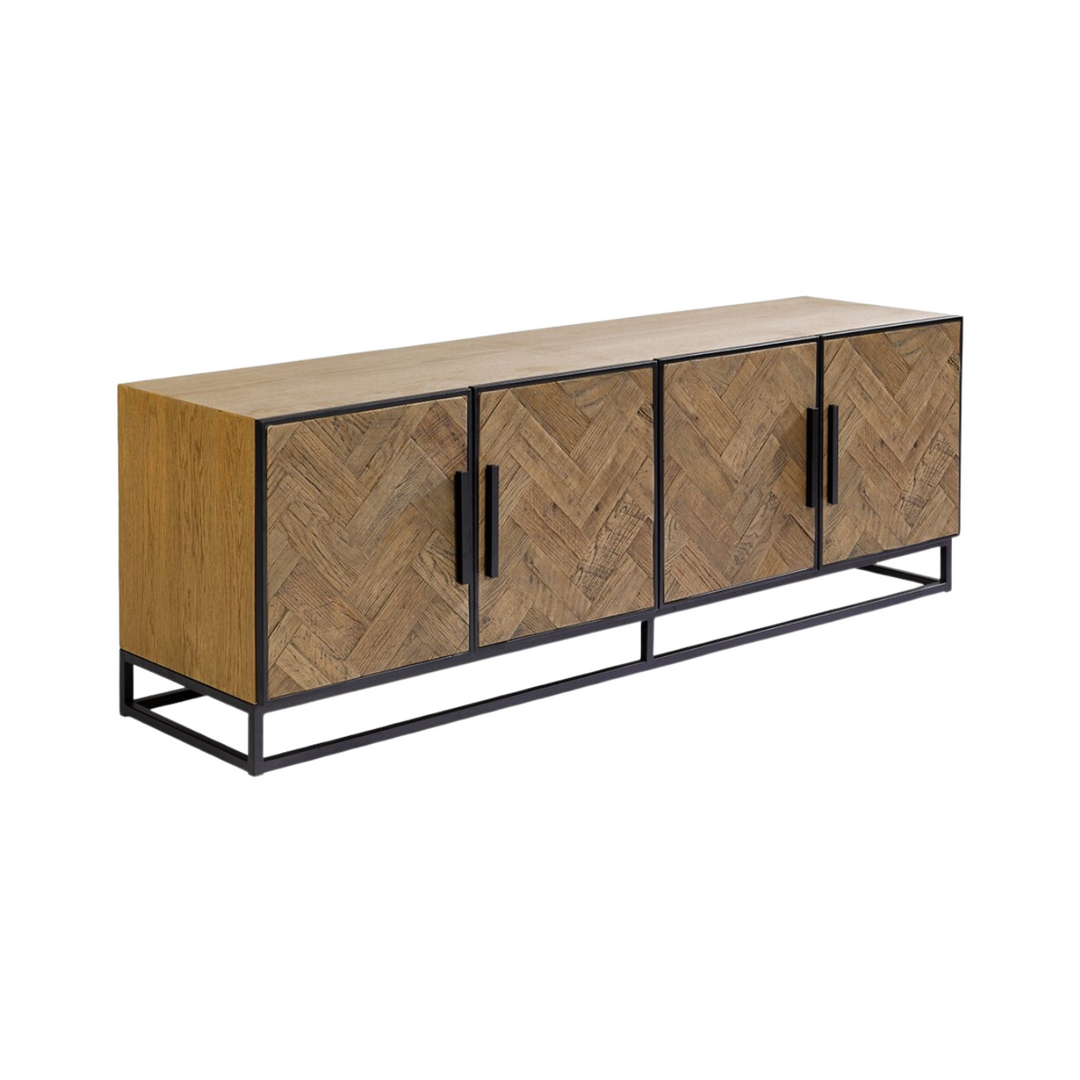 Murcia Low Herringbone Oak Wood Sideboard with Metal Base