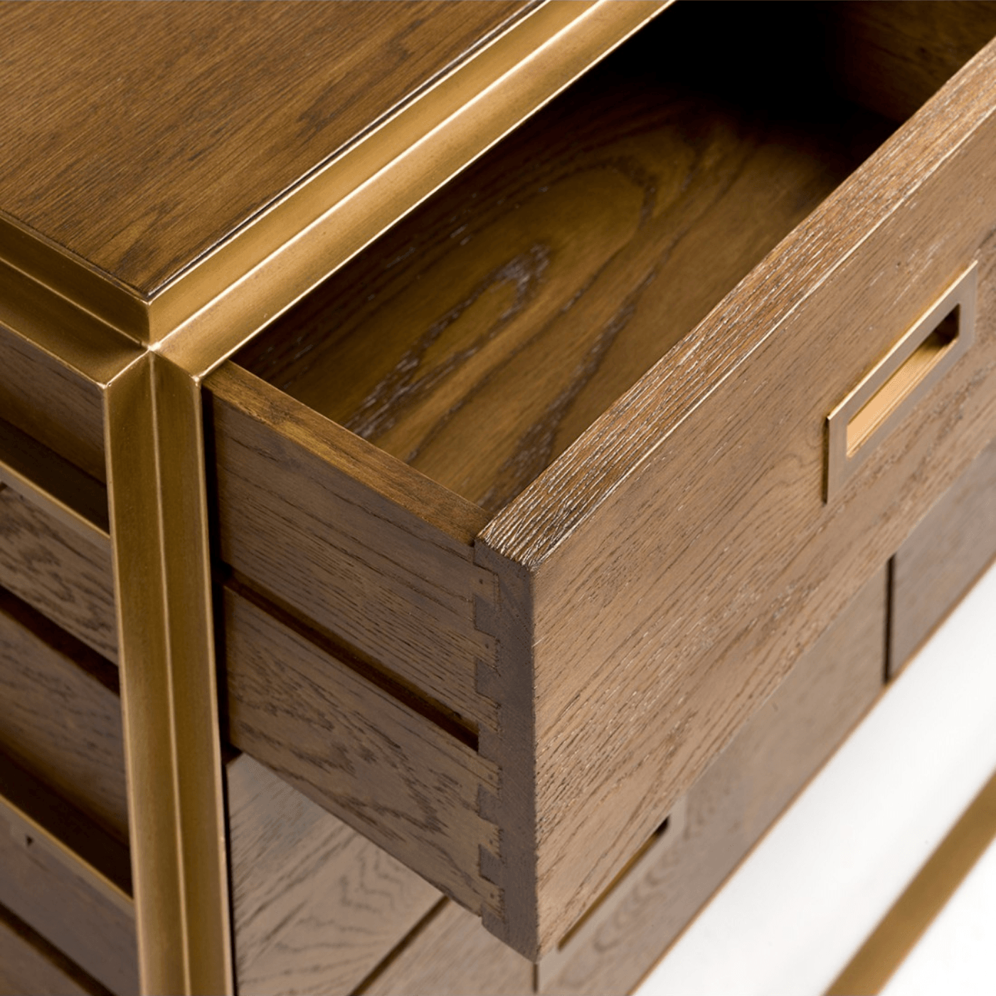 Ardales Brown Oak Chest of Drawers with Gold Metal Base - Maison Rêves UK