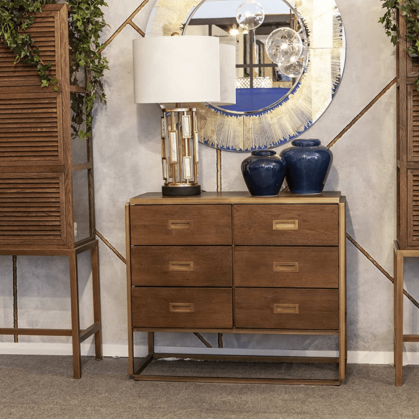 Ardales Brown Oak Chest of Drawers with Gold Metal Base - Maison Rêves UK