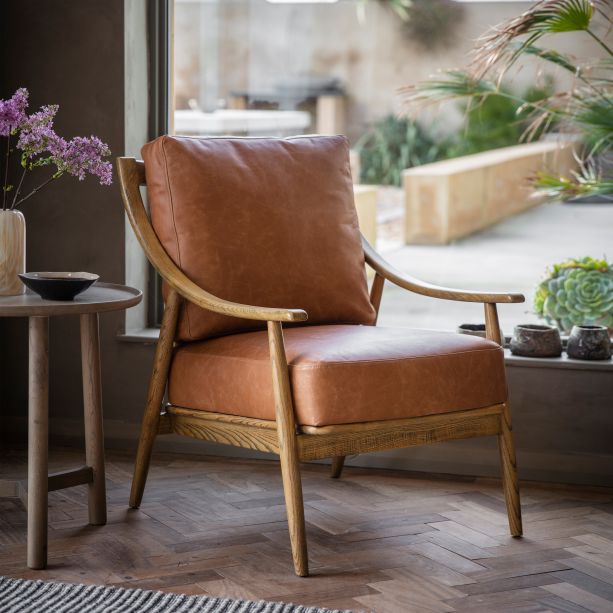 Ashwell Armchair Brown Leather with Wooden Frame - Maison Rêves UK