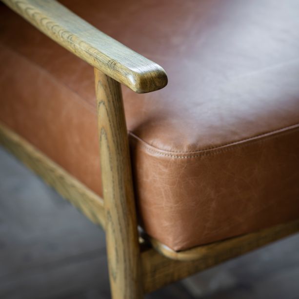 Ashwell Armchair Brown Leather with Wooden Frame - Maison Rêves UK