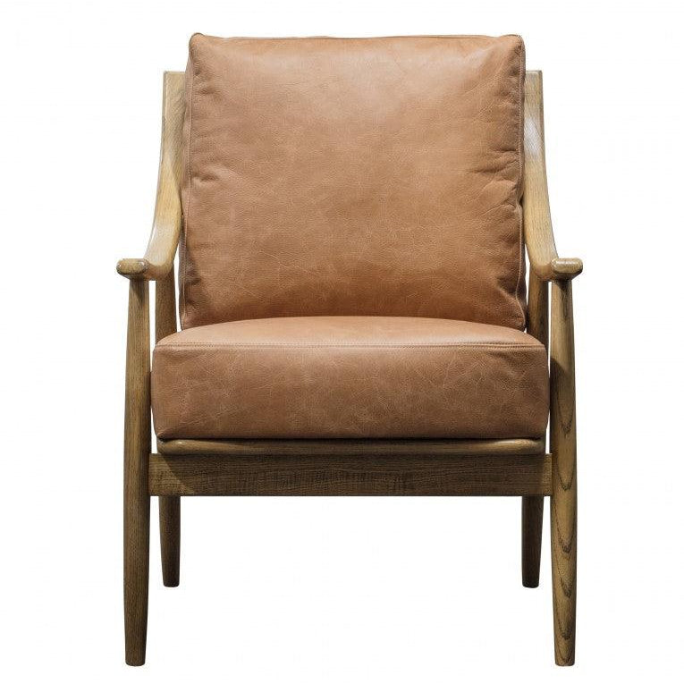 Ashwell Armchair Brown Leather with Wooden Frame - Maison Rêves UK