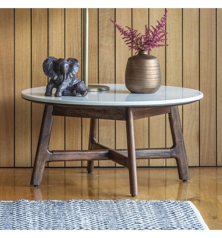 Bellavia Acacia Wood Round Coffee Table with Marble Top - Maison Rêves UK