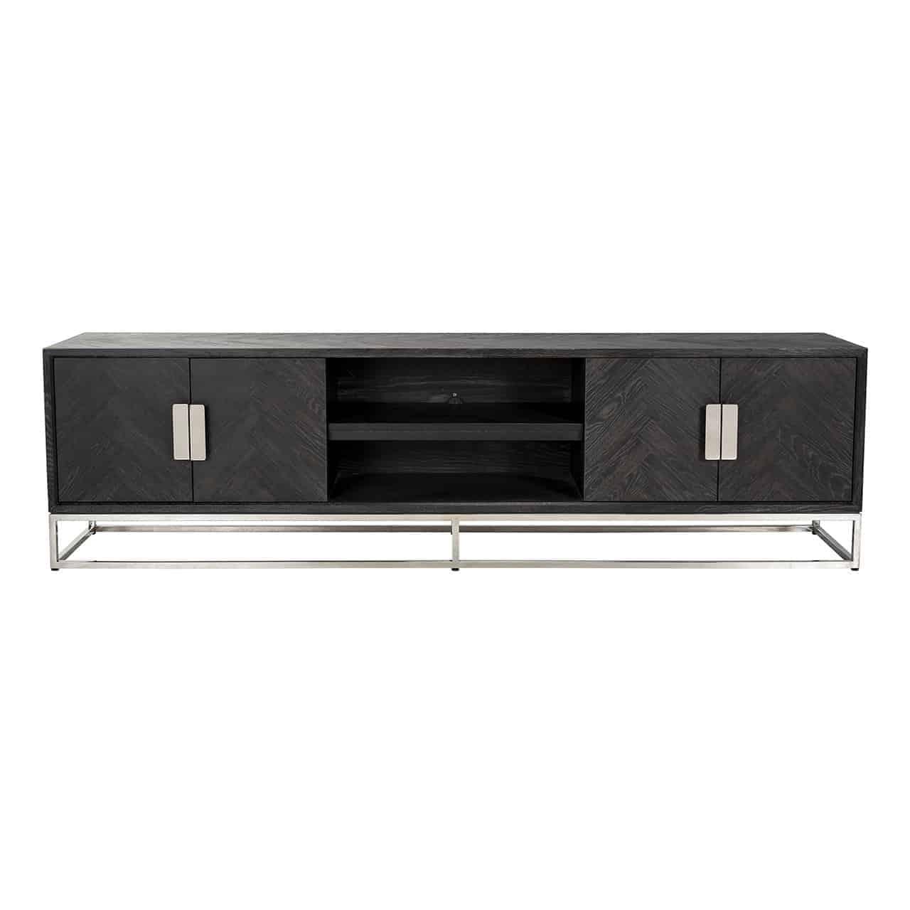 Blackbone Black Oak 4 Door Media Unit with Silver Base and Open Compartment by Richmond Interiors - Maison Rêves UK