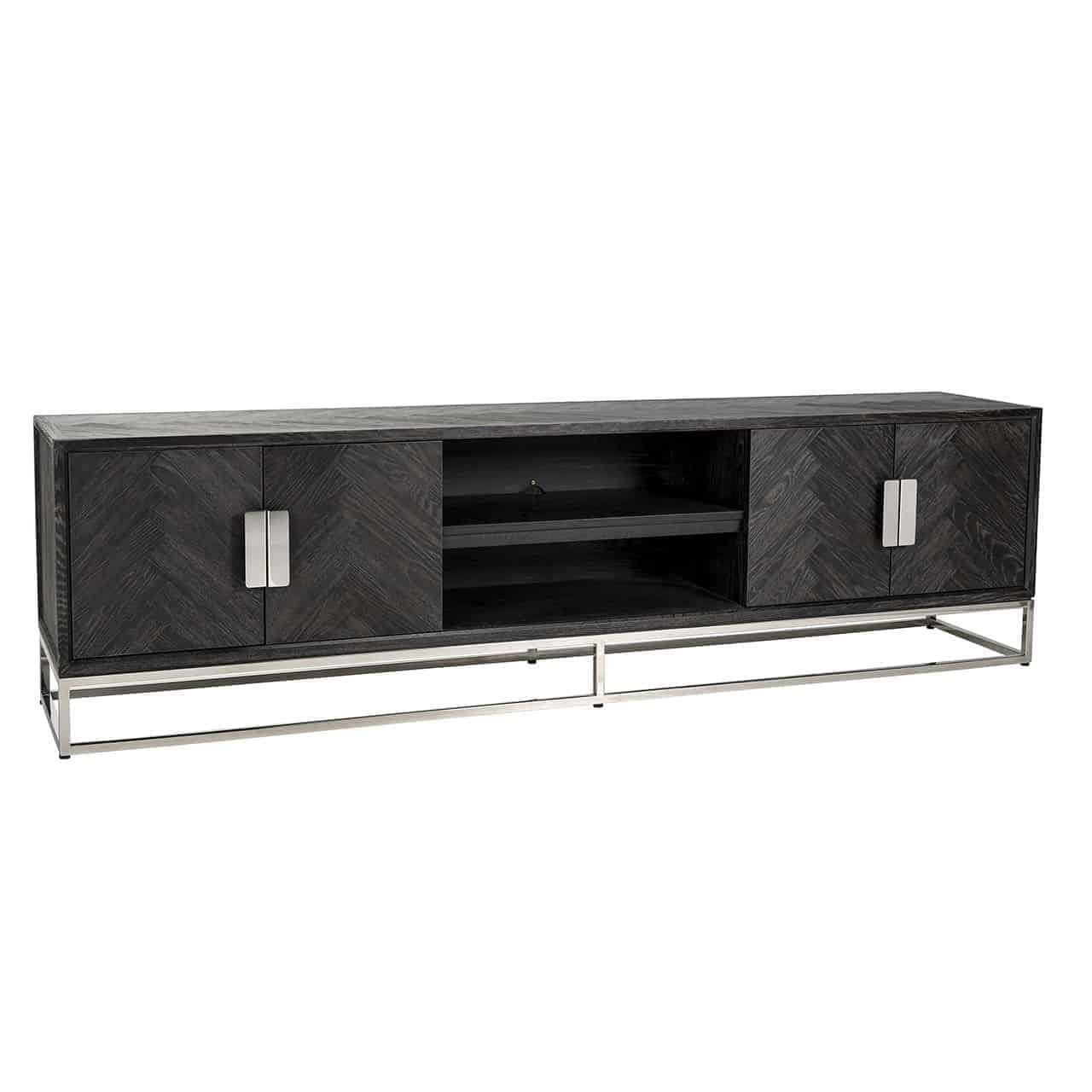 Blackbone Black Oak 4 Door Media Unit with Silver Base and Open Compartment by Richmond Interiors - Maison Rêves UK