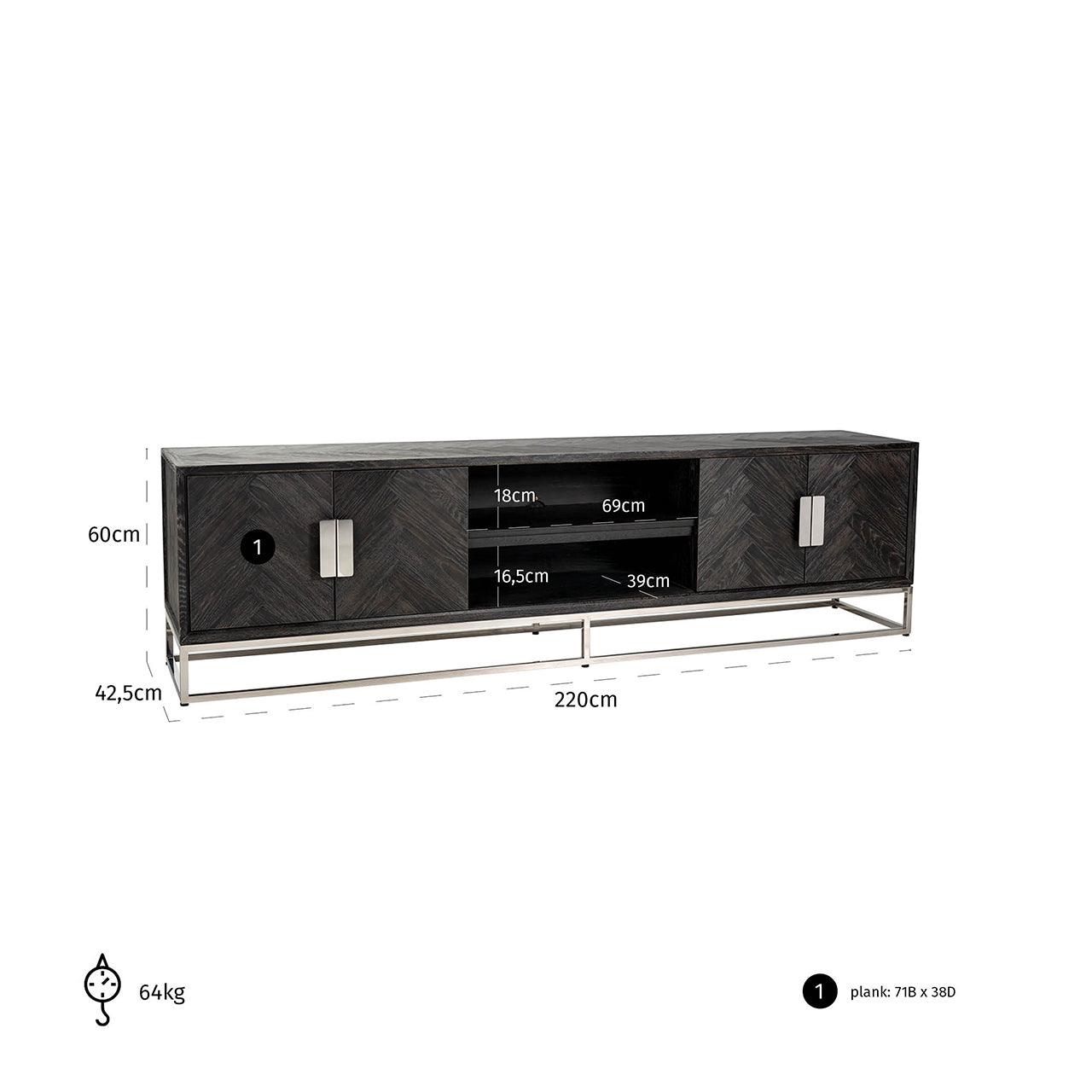 Blackbone Black Oak 4 Door Media Unit with Silver Base and Open Compartment by Richmond Interiors - Maison Rêves UK