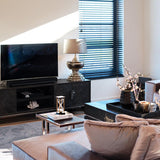 Blackbone Black Oak 4 Door Media Unit with Silver Base and Open Compartment by Richmond Interiors - Maison Rêves UK