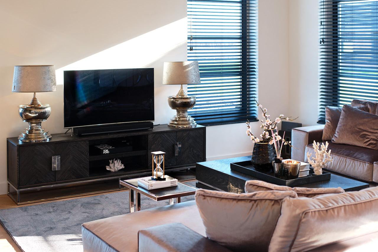 Blackbone Black Oak 4 Door Media Unit with Silver Base and Open Compartment by Richmond Interiors - Maison Rêves UK