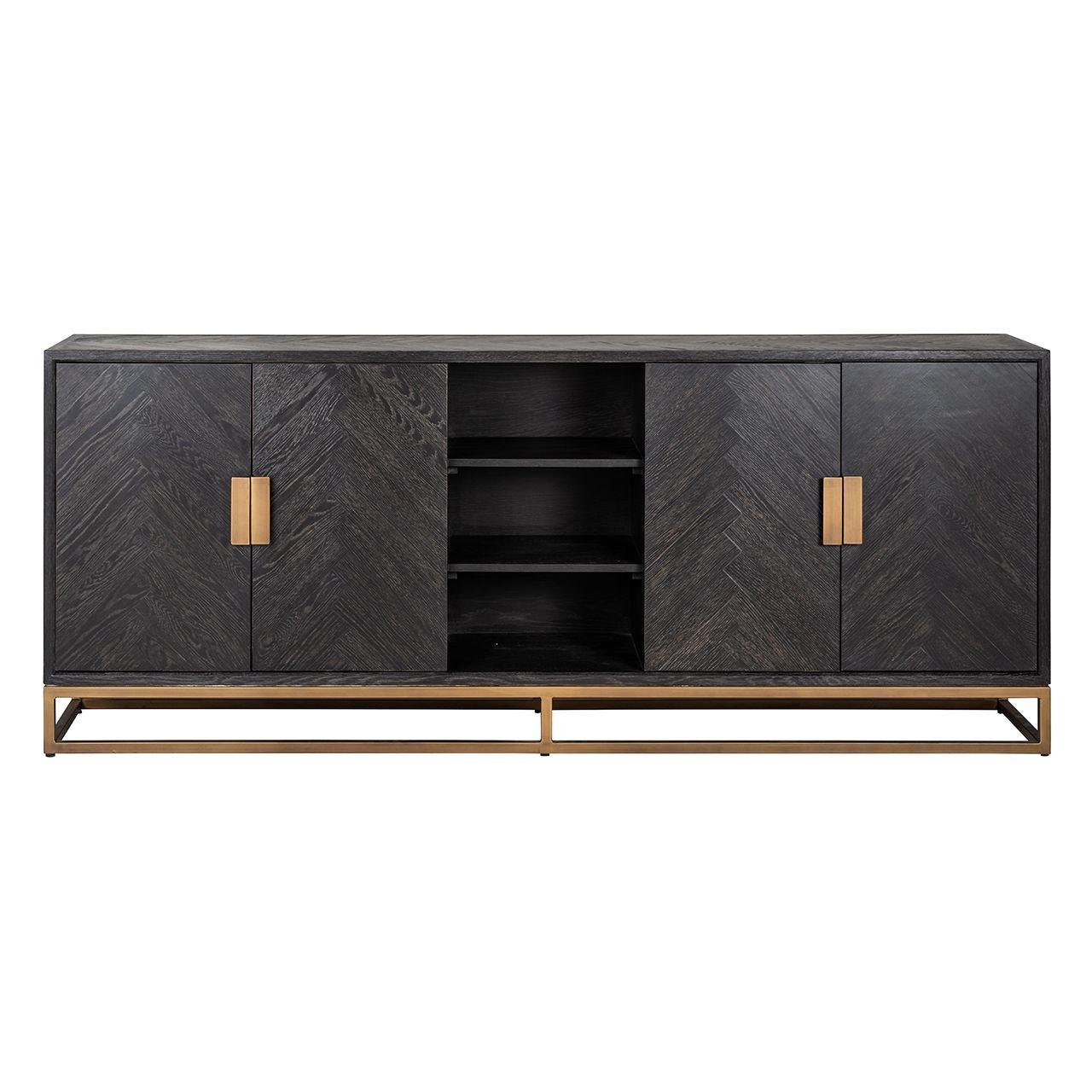 Blackbone Black Oak 4 Door Sideboard with Brass Base and Open Compartment by Richmond Interiors - Maison Rêves UK