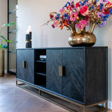 Blackbone Black Oak 4 Door Sideboard with Brass Base and Open Compartment by Richmond Interiors - Maison Rêves UK