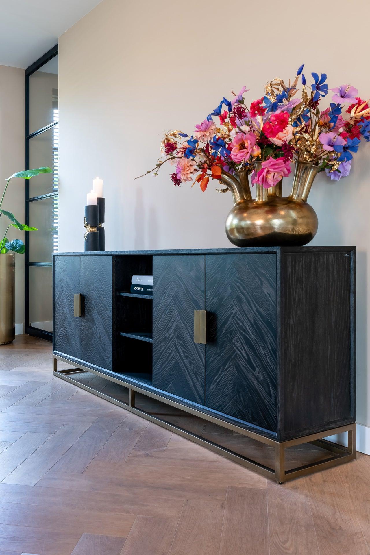Blackbone Black Oak 4 Door Sideboard with Brass Base and Open Compartment by Richmond Interiors - Maison Rêves UK