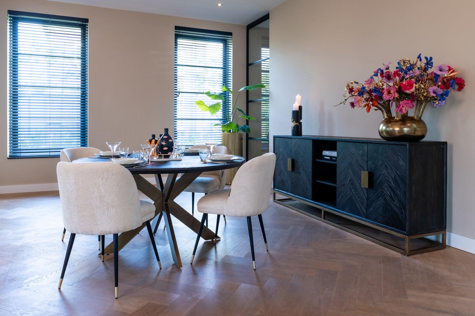 Blackbone Black Oak 4 Door Sideboard with Brass Base and Open Compartment by Richmond Interiors - Maison Rêves UK