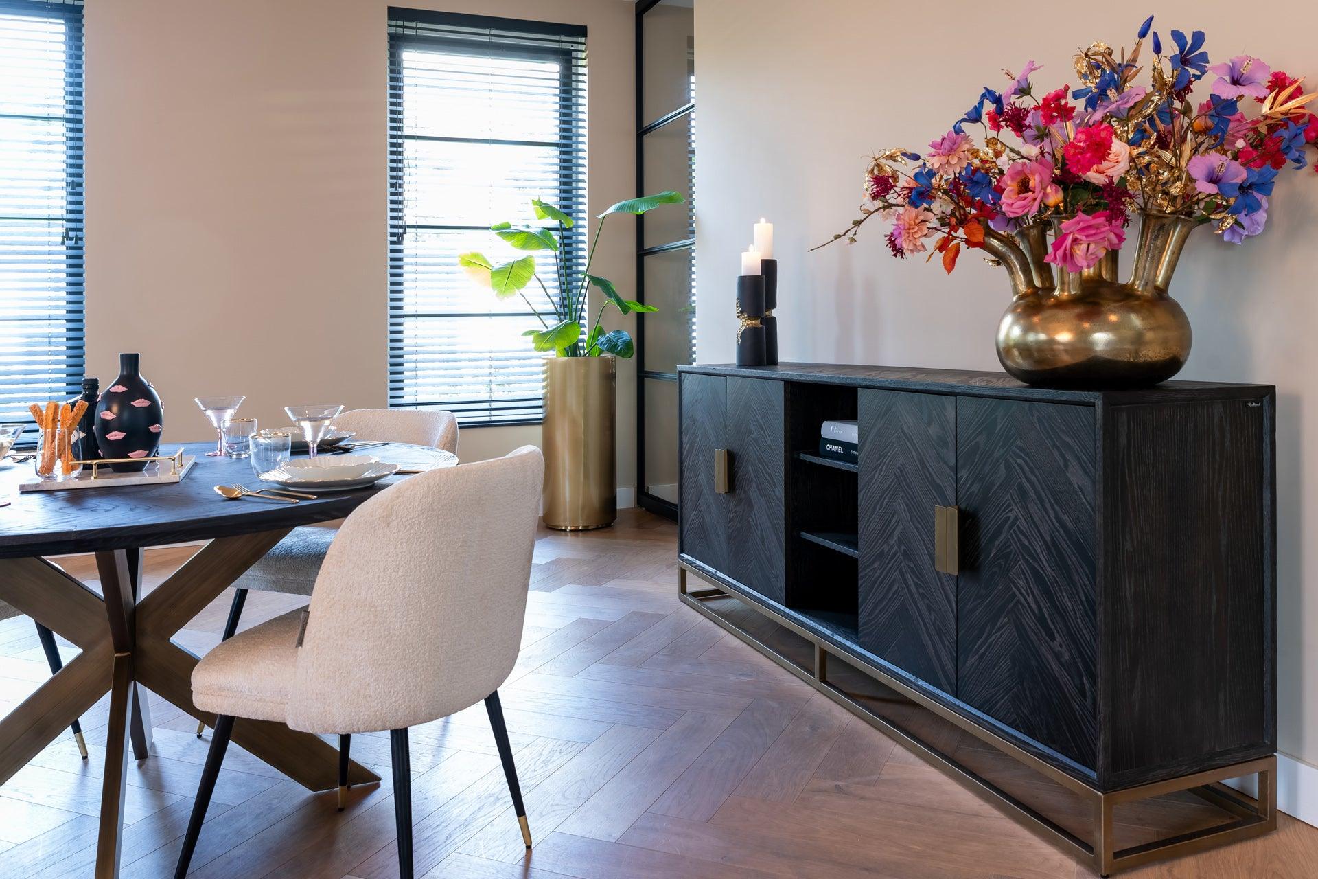 Blackbone Black Oak 4 Door Sideboard with Brass Base and Open Compartment by Richmond Interiors - Maison Rêves UK