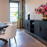 Blackbone Black Oak 4 Door Sideboard with Brass Base and Open Compartment by Richmond Interiors - Maison Rêves UK