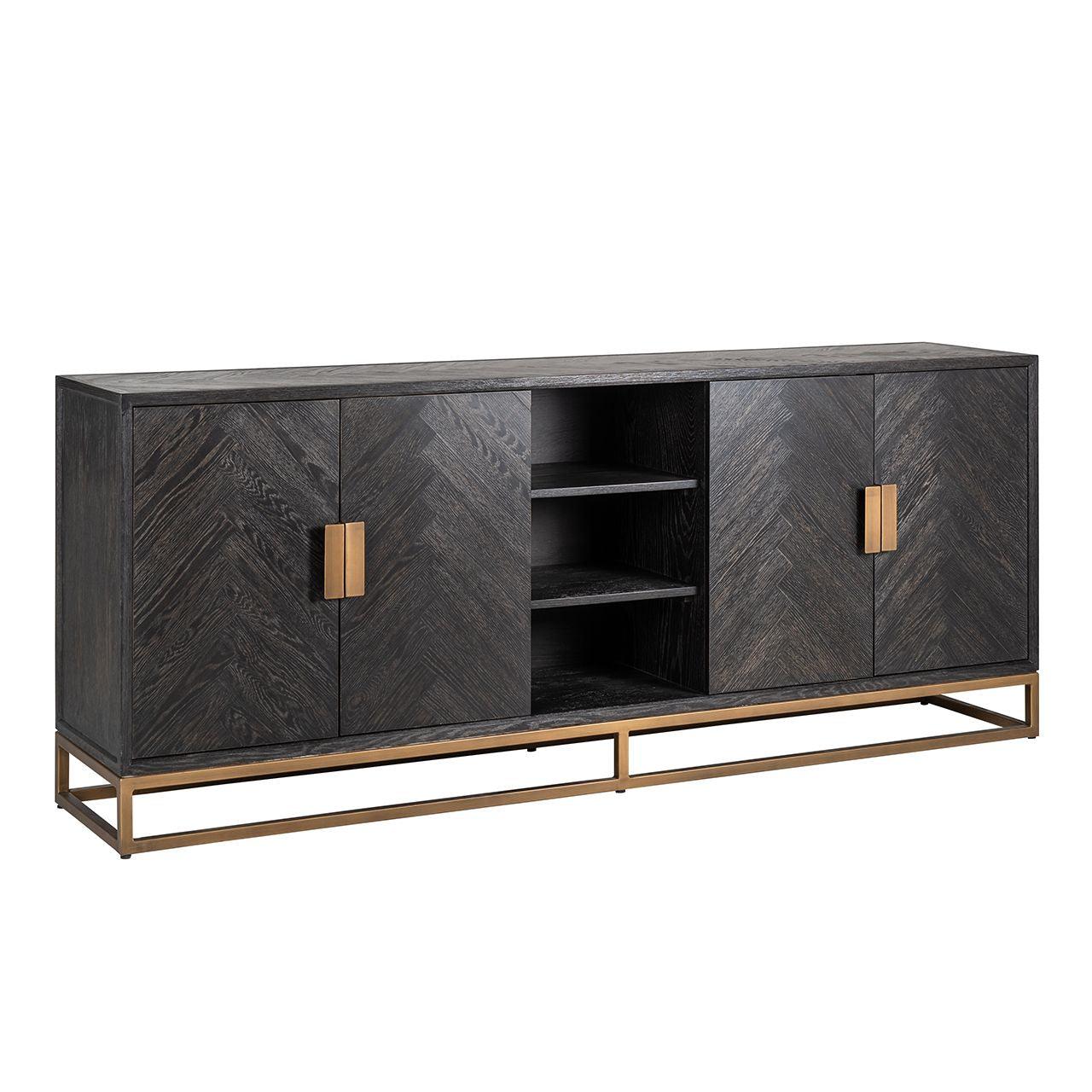 Blackbone Black Oak 4 Door Sideboard with Brass Base and Open Compartment by Richmond Interiors - Maison Rêves UK