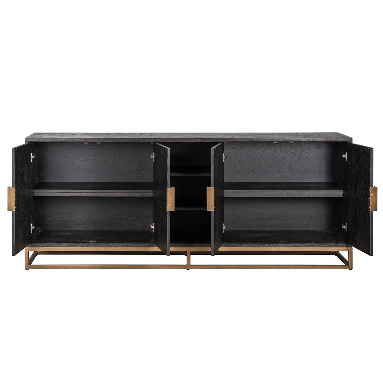 Blackbone Black Oak 4 Door Sideboard with Brass Base and Open Compartment by Richmond Interiors - Maison Rêves UK