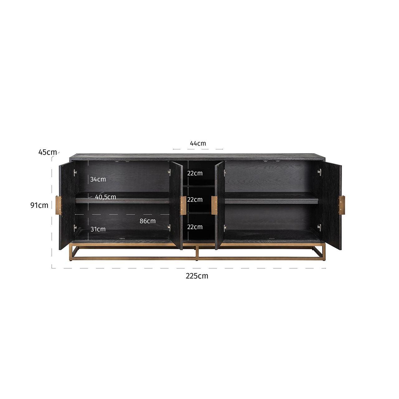 Blackbone Black Oak 4 Door Sideboard with Brass Base and Open Compartment by Richmond Interiors - Maison Rêves UK