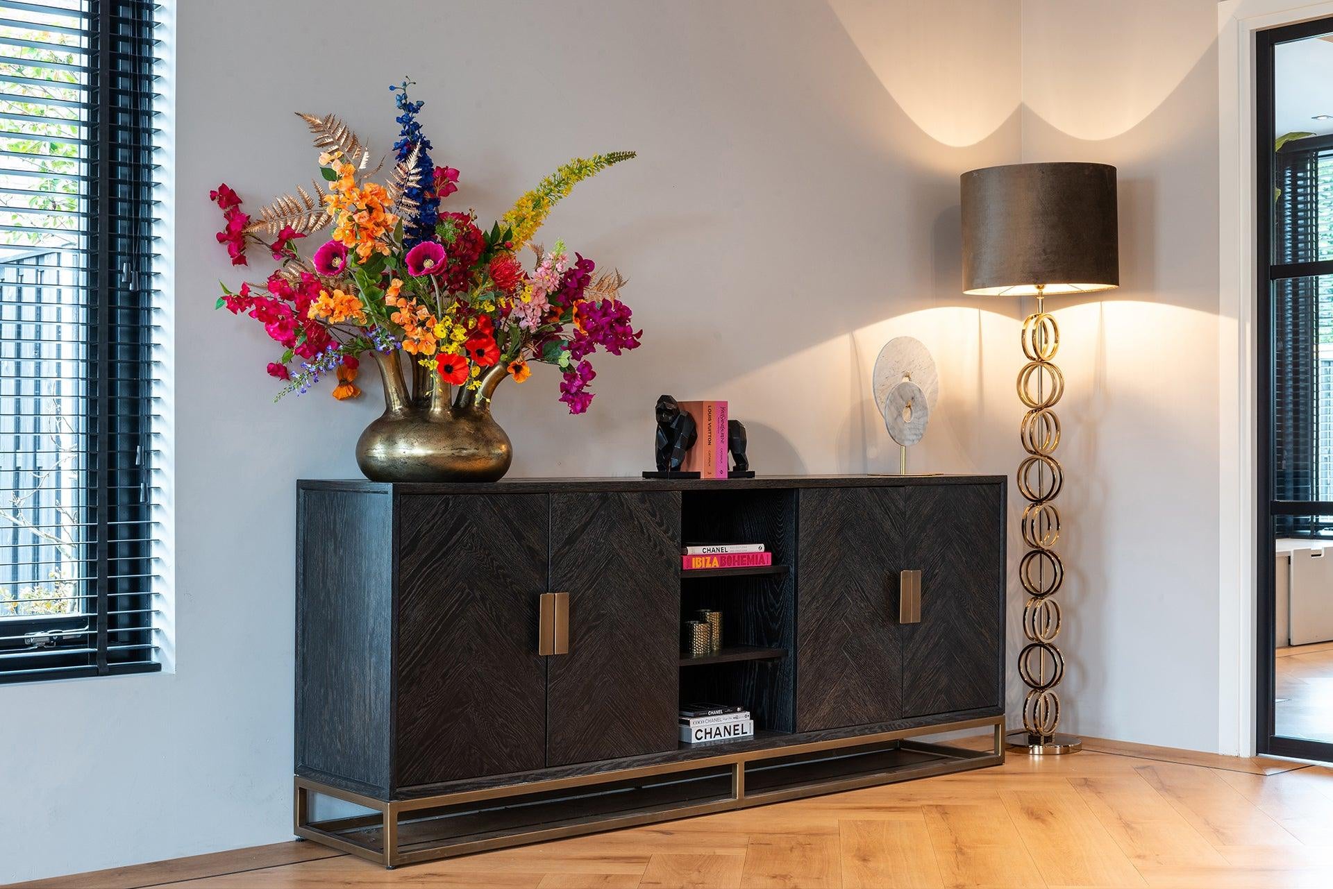 Blackbone Black Oak 4 Door Sideboard with Brass Base and Open Compartment by Richmond Interiors - Maison Rêves UK