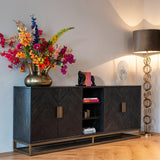 Blackbone Black Oak 4 Door Sideboard with Brass Base and Open Compartment by Richmond Interiors - Maison Rêves UK