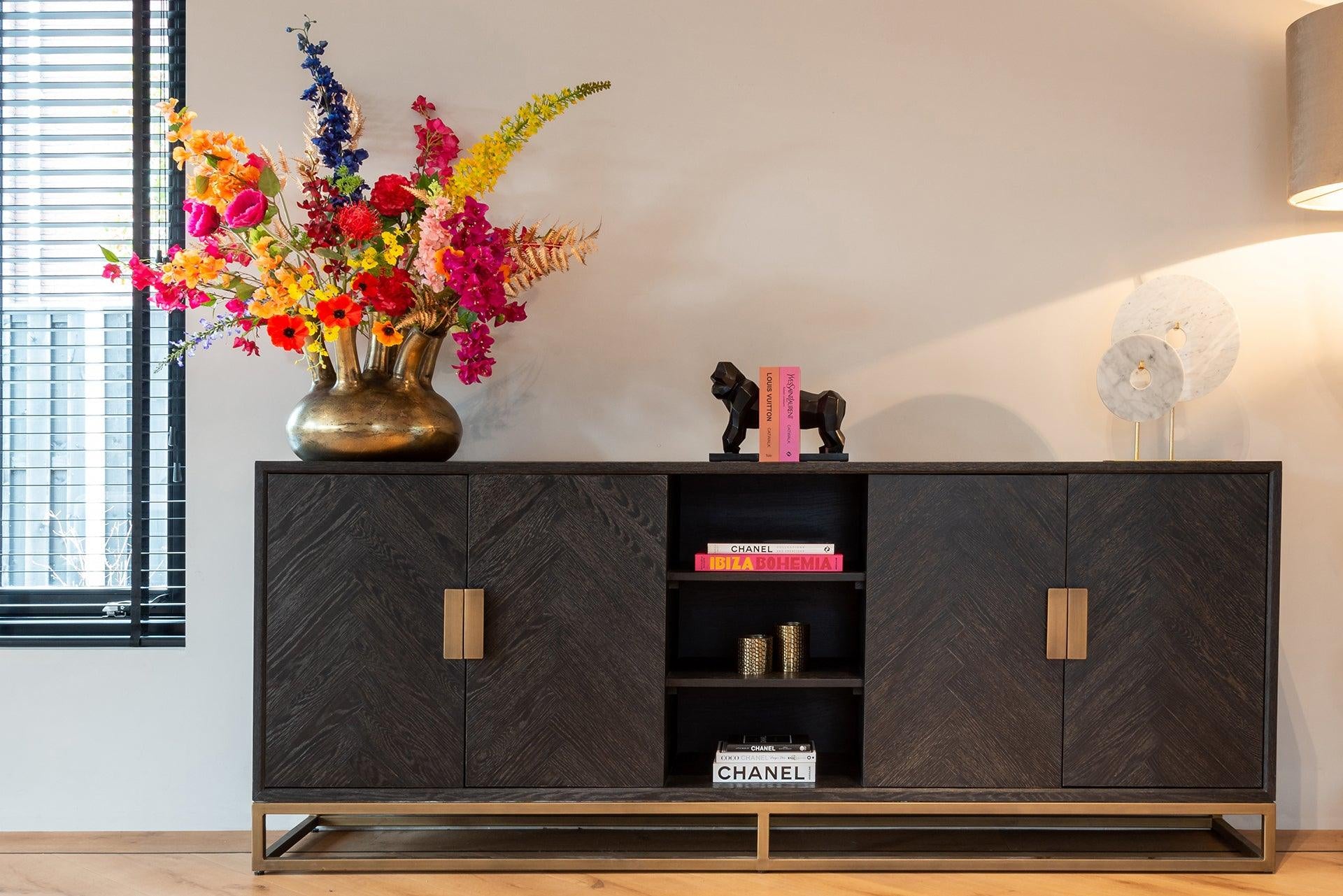 Blackbone Black Oak 4 Door Sideboard with Brass Base and Open Compartment by Richmond Interiors - Maison Rêves UK