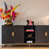 Blackbone Black Oak 4 Door Sideboard with Brass Base and Open Compartment by Richmond Interiors - Maison Rêves UK