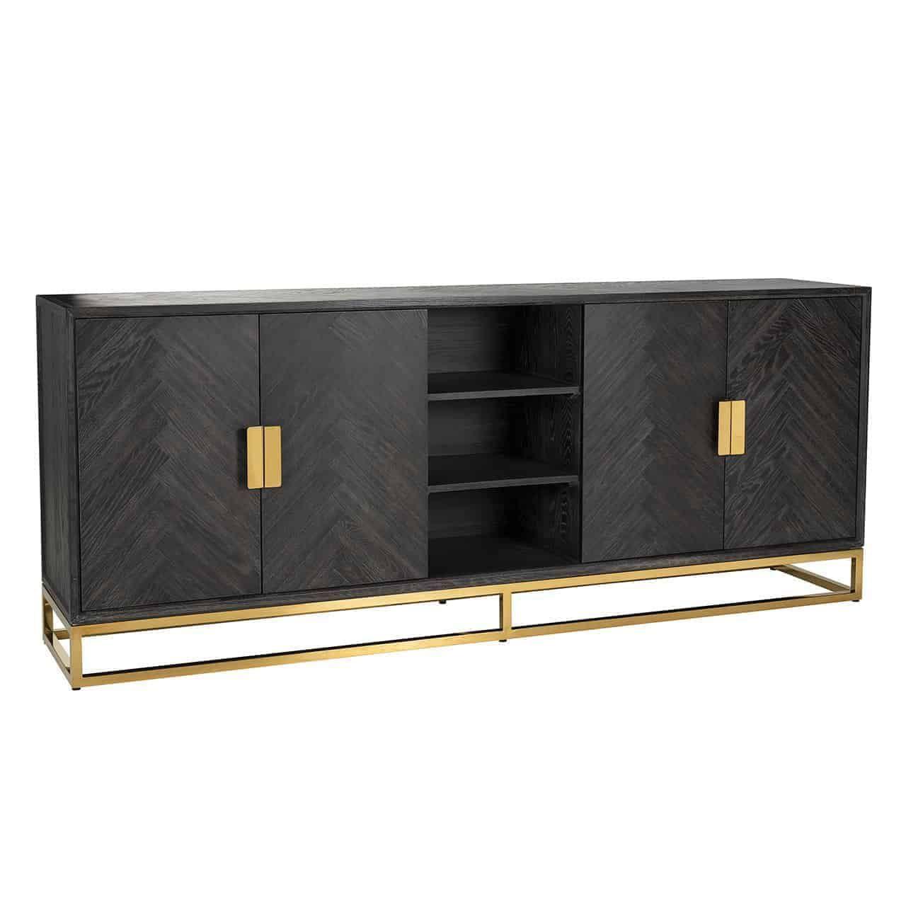 Blackbone Black Oak 4 Door Sideboard with Gold Base and Open Compartment by Richmond Interiors - Maison Rêves UK