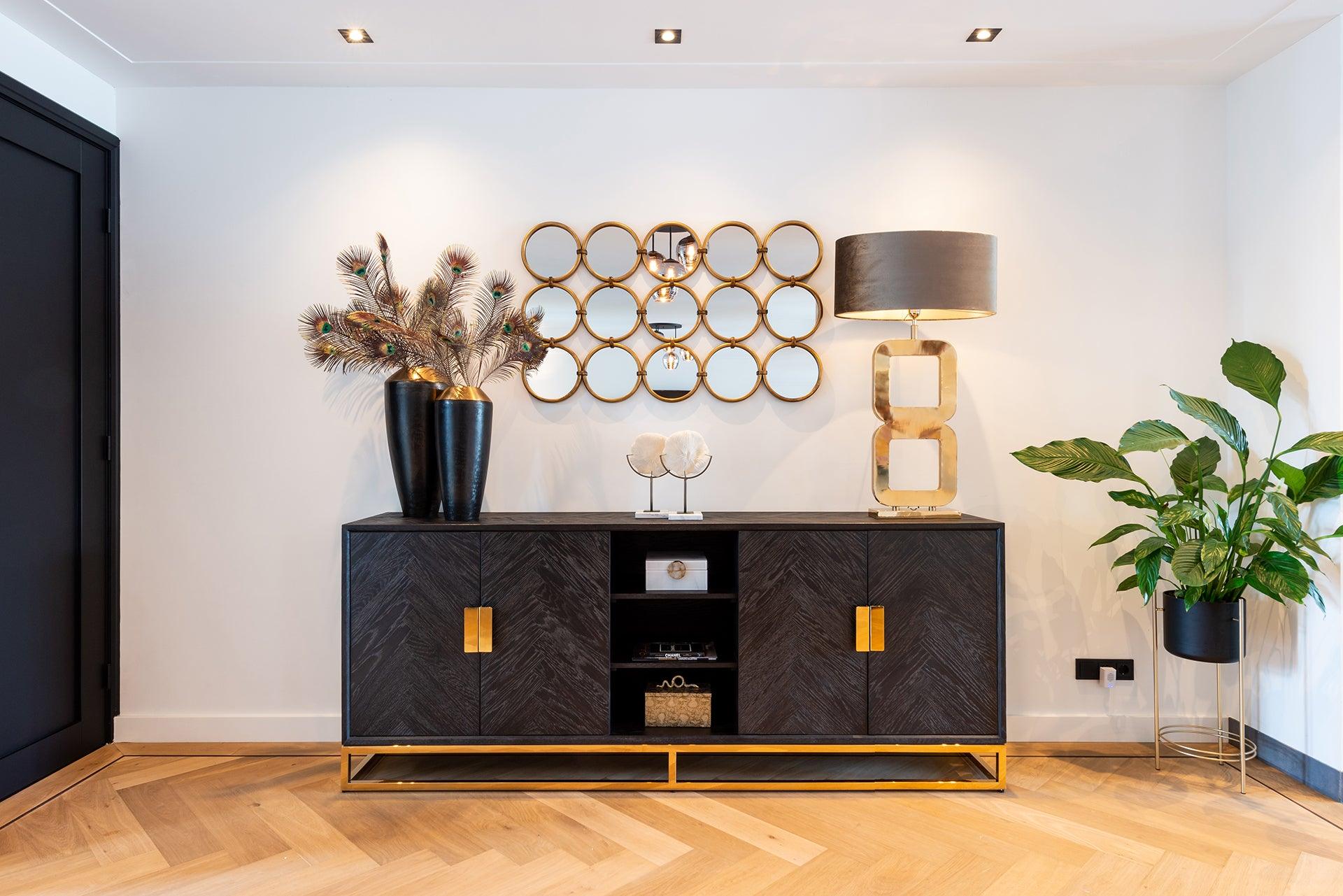 Blackbone Black Oak 4 Door Sideboard with Gold Base and Open Compartment by Richmond Interiors - Maison Rêves UK