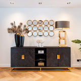 Blackbone Black Oak 4 Door Sideboard with Gold Base and Open Compartment by Richmond Interiors - Maison Rêves UK