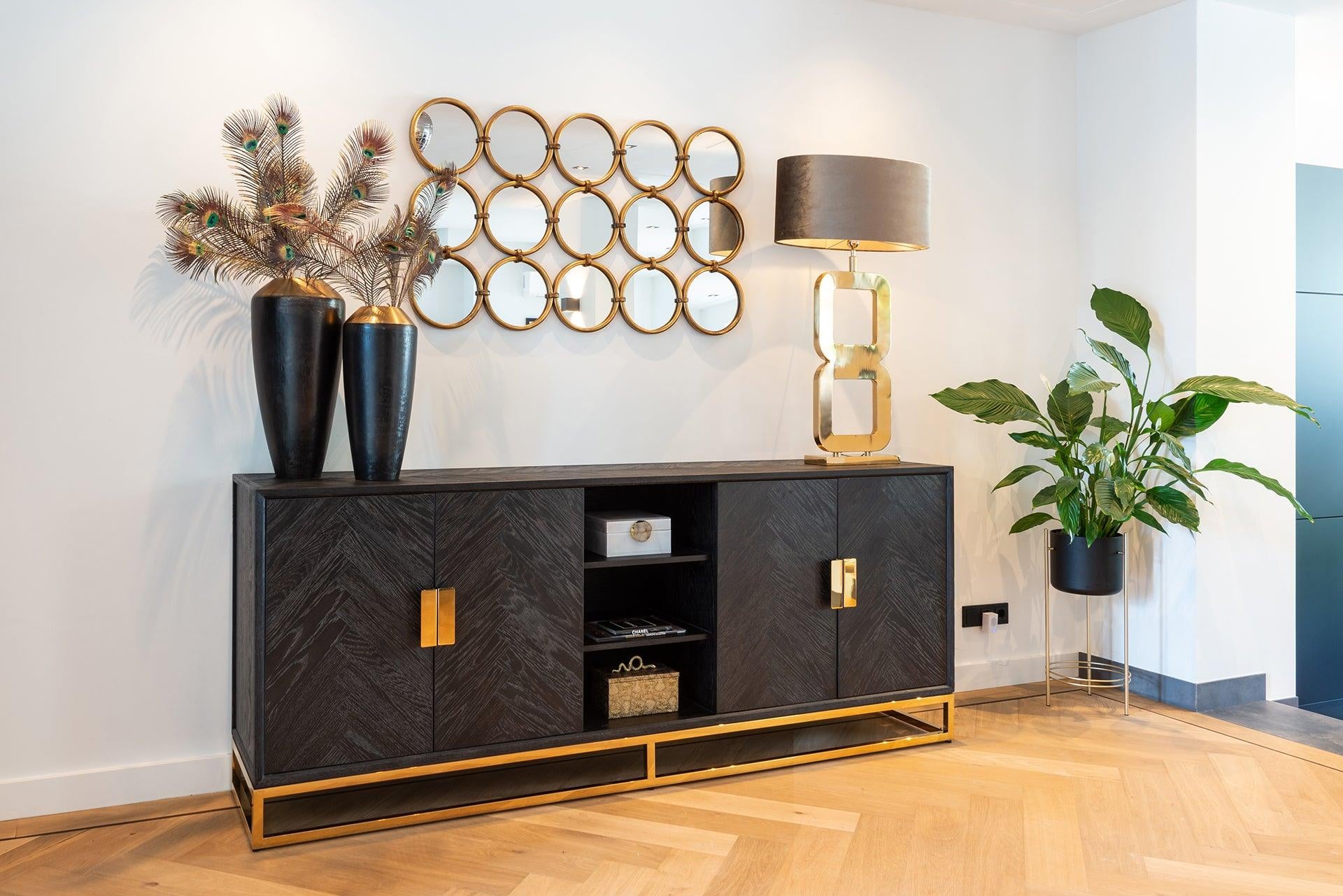Blackbone Black Oak 4 Door Sideboard with Gold Base and Open Compartment by Richmond Interiors - Maison Rêves UK