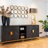 Blackbone Black Oak 4 Door Sideboard with Gold Base and Open Compartment by Richmond Interiors - Maison Rêves UK
