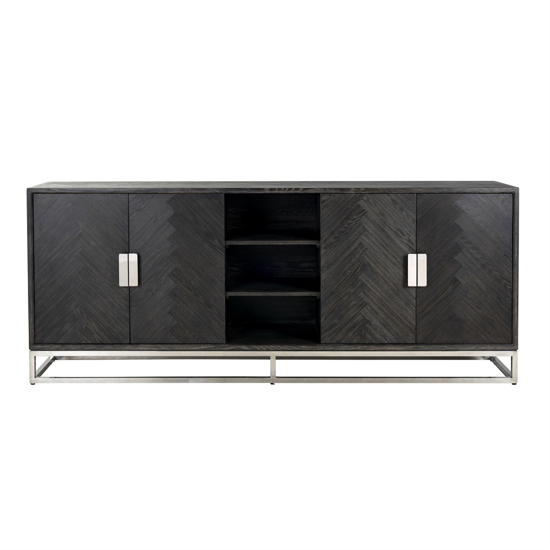 Blackbone Black Oak 4 Door Sideboard with Silver Base and Open Compartment by Richmond Interiors - Maison Rêves UK
