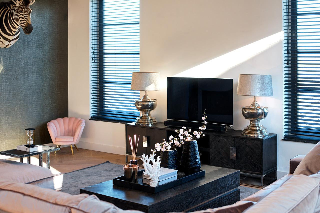 Blackbone Black Oak 4 Door Sideboard with Silver Base and Open Compartment by Richmond Interiors - Maison Rêves UK
