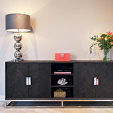 Blackbone Black Oak 4 Door Sideboard with Silver Base and Open Compartment by Richmond Interiors - Maison Rêves UK