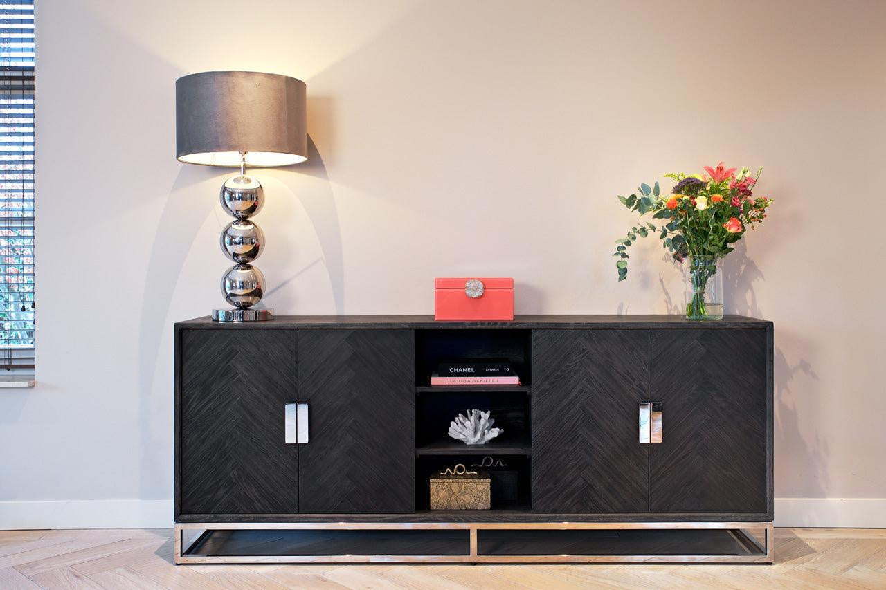 Blackbone Black Oak 4 Door Sideboard with Silver Base and Open Compartment by Richmond Interiors - Maison Rêves UK