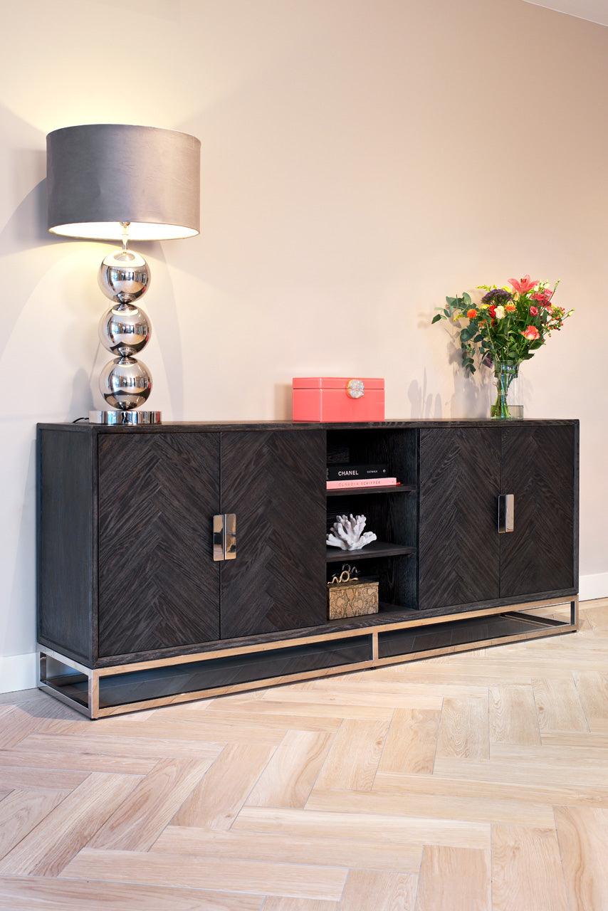 Blackbone Black Oak 4 Door Sideboard with Silver Base and Open Compartment by Richmond Interiors - Maison Rêves UK