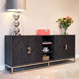 Blackbone Black Oak 4 Door Sideboard with Silver Base and Open Compartment by Richmond Interiors - Maison Rêves UK