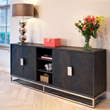 Blackbone Black Oak 4 Door Sideboard with Silver Base and Open Compartment by Richmond Interiors - Maison Rêves UK