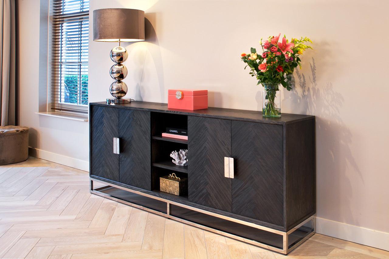 Blackbone Black Oak 4 Door Sideboard with Silver Base and Open Compartment by Richmond Interiors - Maison Rêves UK