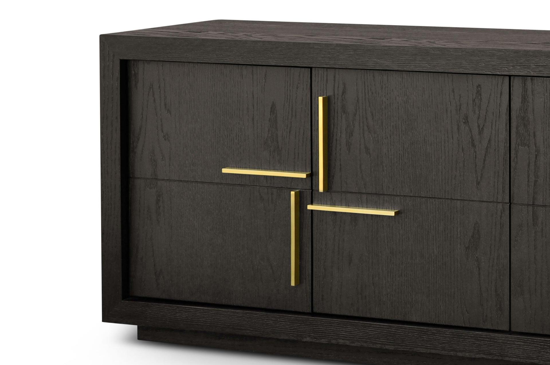 Textured Dark Brown Oak Veneer Media Unit with Gold Handles - interitower