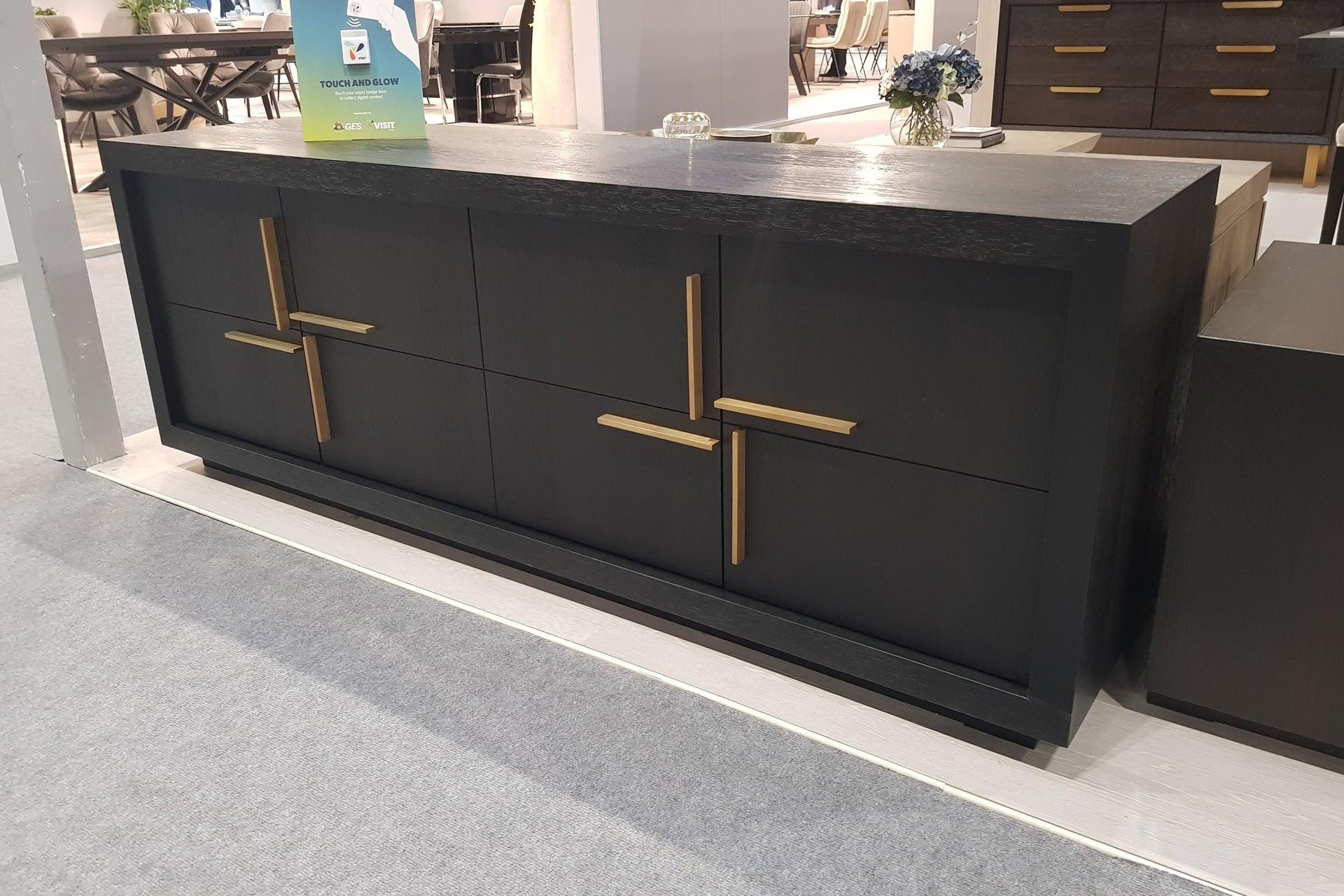 Textured Dark Brown Oak Veneer Media Unit with Gold Handles - interitower
