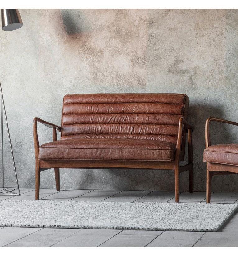 Cruzo 2 Seater Sofa Vintage Brown Leather with Wooden Legs - Maison Rêves UK