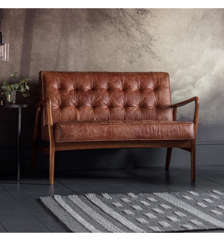 Havenstone 2 Seater Sofa Vintage Brown Leather and Oak Frame - Maison Rêves UK