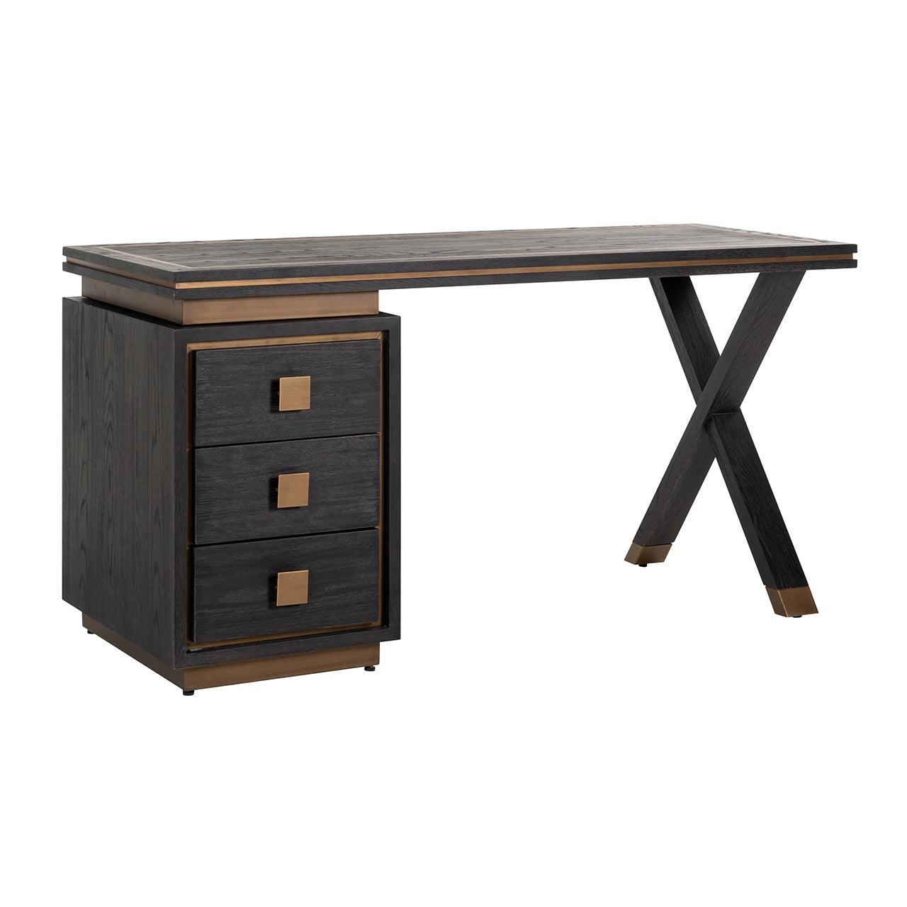 Hunter 3 Drawer Desk in Black Rustic Oak with Brushed Gold Accents by Richmond Interiors - Maison Rêves UK