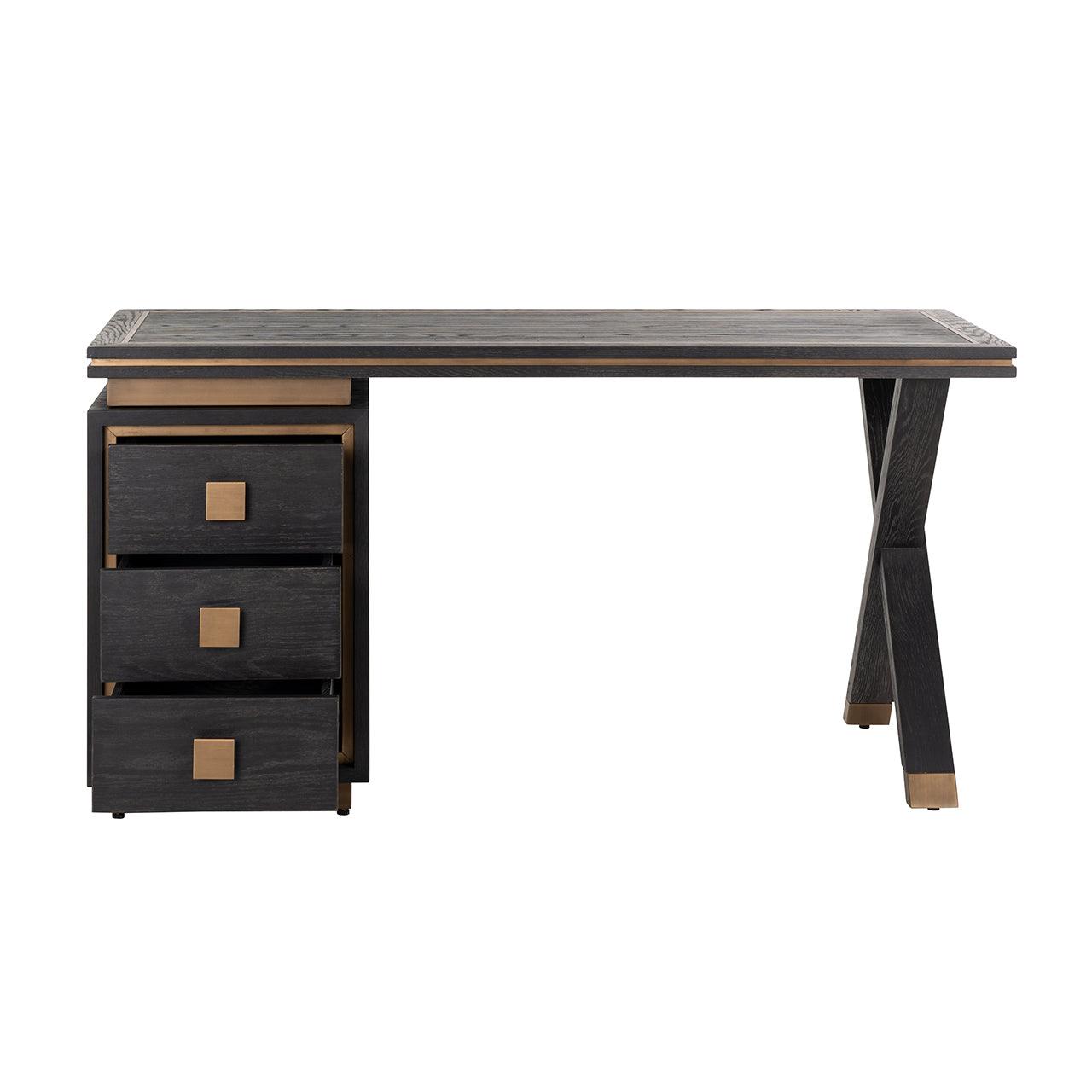 Hunter 3 Drawer Desk in Black Rustic Oak with Brushed Gold Accents by Richmond Interiors - Maison Rêves UK