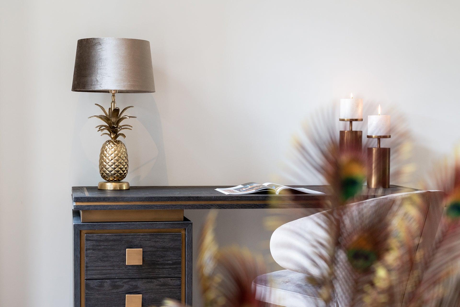 Hunter 3 Drawer Desk in Black Rustic Oak with Brushed Gold Accents by Richmond Interiors - Maison Rêves UK