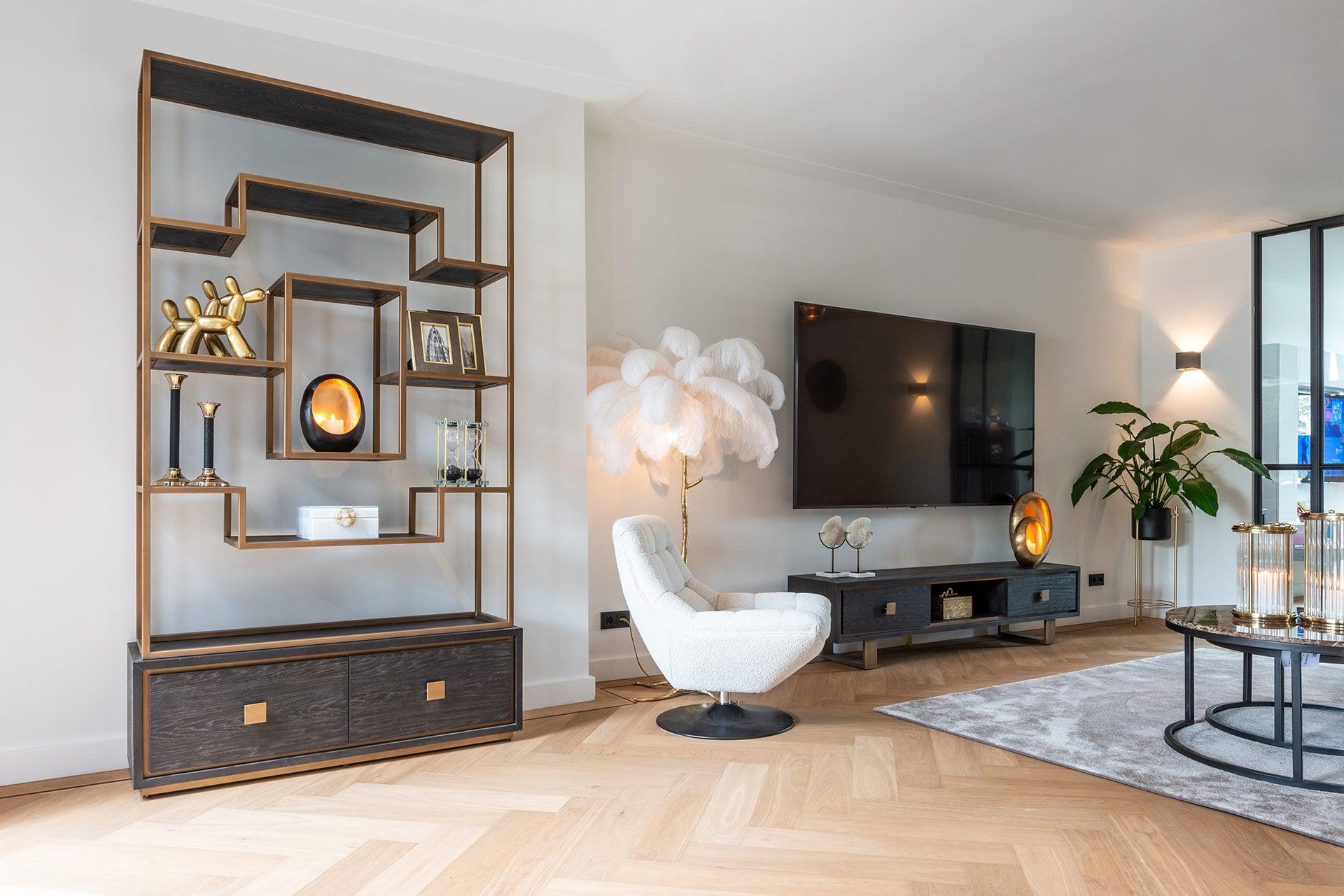 Hunter Black Rustic Oak 2 Drawer Media Unit with Brushed Gold Base by Richmond Interiors - Maison Rêves UK
