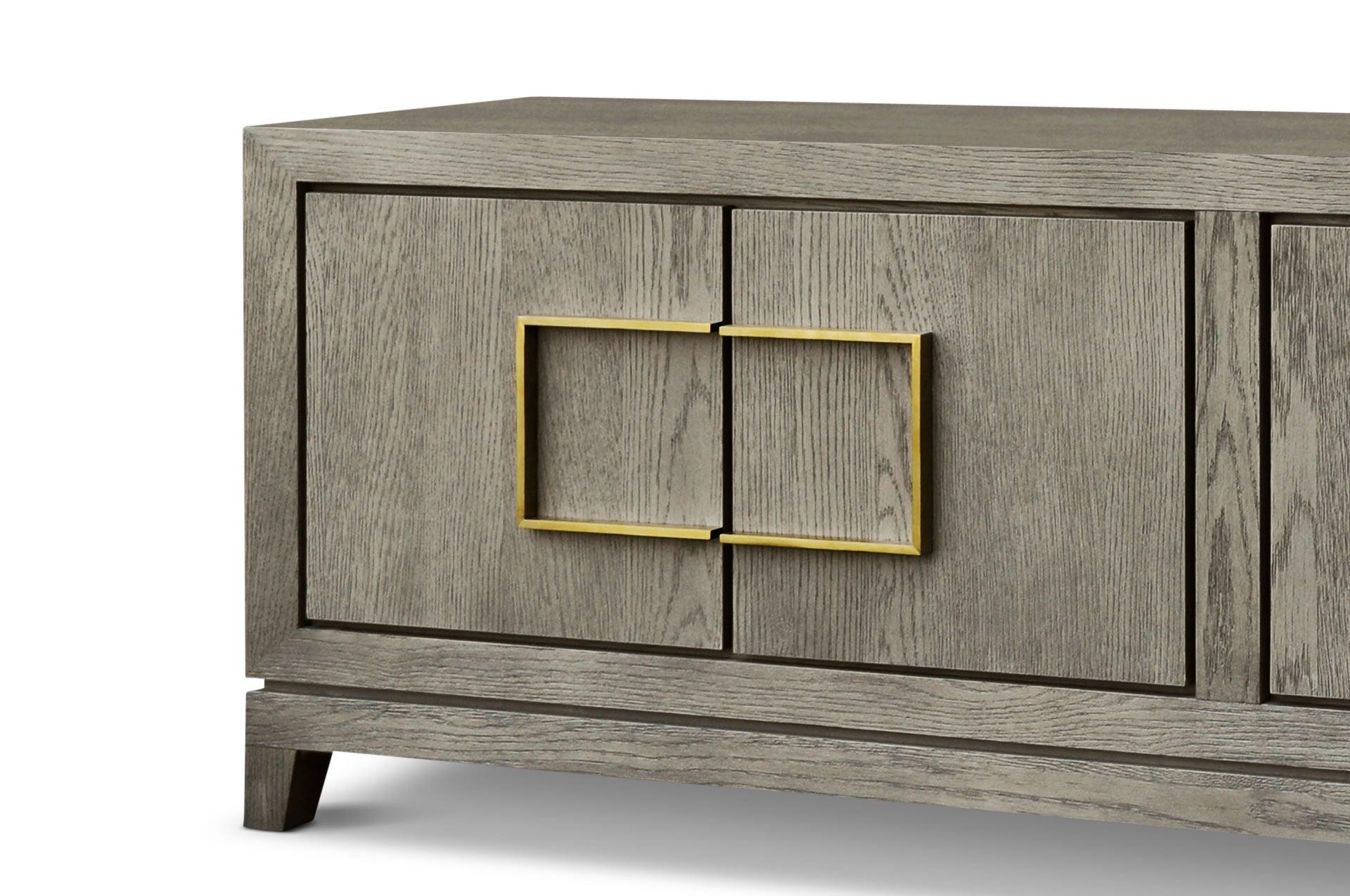 Media Unit with Grey/Taupe Coloured Oak Veneer and Gold Handles - interitower