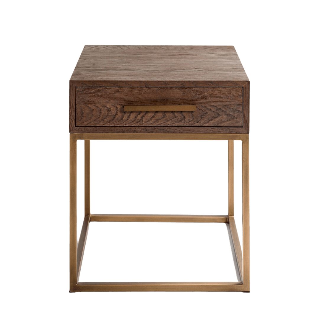 Martos Brown Oak Bedside Table with Gold Metal Base - Maison Rêves UK