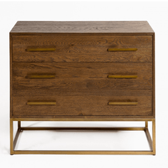 Martos Brown Oak Chest of Drawers with Gold Metal Base - Maison Rêves UK